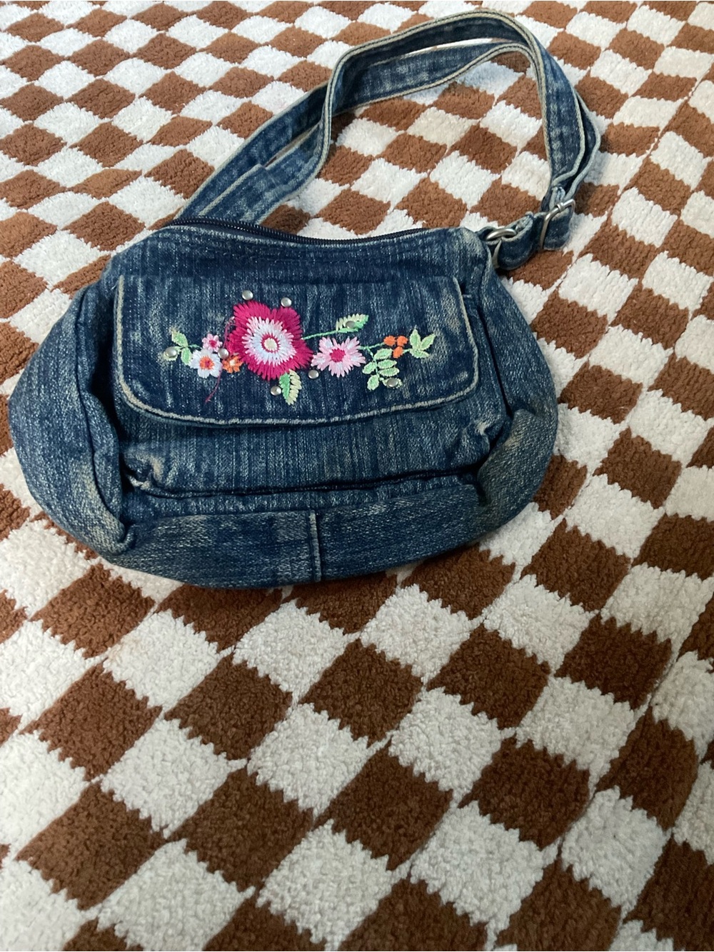 Denim Crossbody Bag with Pink Floral Embroidery